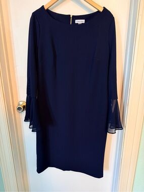 Calvin Klein Navy Sheath Dress 16 Chiffon Bell Sleeve Gold Zip